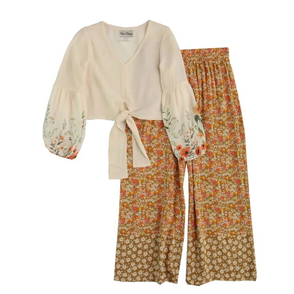 Rare Editions Other - Rare Editions Youth Girls 2-Piece Floral Top/Pant Cream Yellow Pink Girls 14